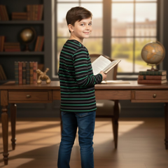 Boys Luxury Striped Full-Sleeve T-Shirt | Premium Mid-Season Cotton Tee (Ages 2-13)