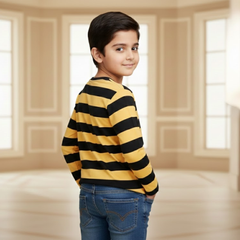 Boys Classic Crew Neck Striped Tee | Kids Premium Cotton Full-Sleeve Casual Shirt
