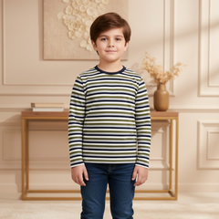 Boys Luxury Striped Full-Sleeve T-Shirt | Premium Mid-Season Cotton Tee (Ages 2-13)