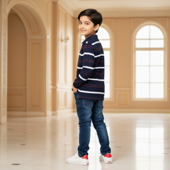 Boys Premium Polo Collar Striped Tee | Kids Full-Sleeve Cotton Rugby Style Shirt