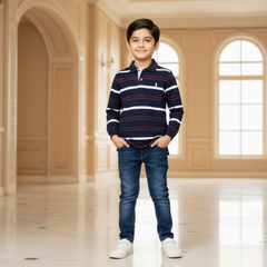 Boys Premium Polo Collar Striped Tee | Kids Full-Sleeve Cotton Rugby Style Shirt