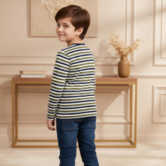 Boys Luxury Striped Full-Sleeve T-Shirt | Premium Mid-Season Cotton Tee (Ages 2-13)