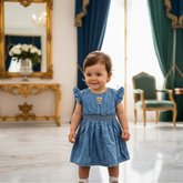 Little Diva Smocked Denim Party Frock | Premium Blue Cotton Dress with Brooch