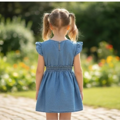 Little Diva Smocked Denim Party Frock | Premium Blue Cotton Dress with Brooch