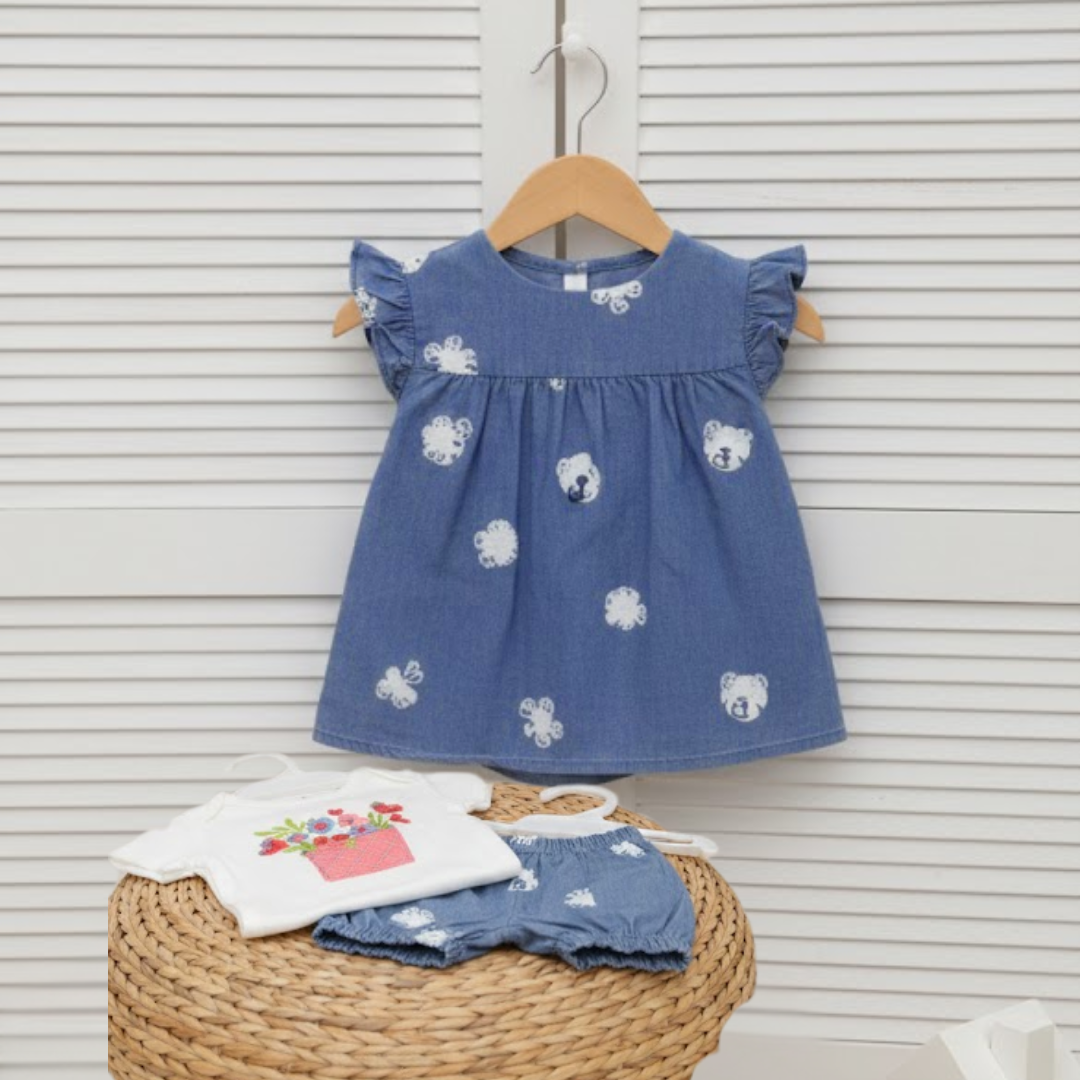 Little Diva Bear Print Denim Set | Premium 3-Piece Summer Outfit with Embroidered Inner