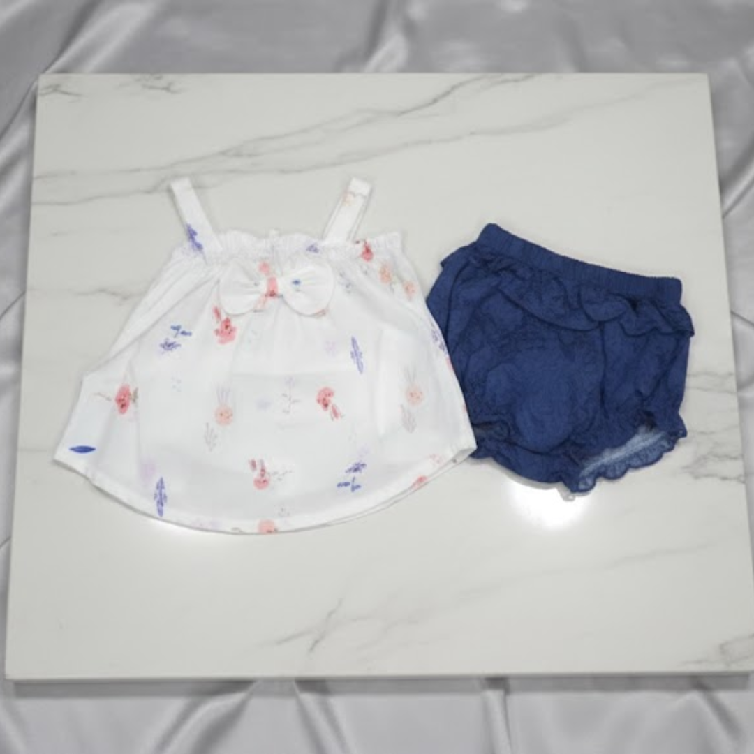 Girls' Boutique White & Navy Casual Set | Soft Cotton 2-Piece Infant Collection