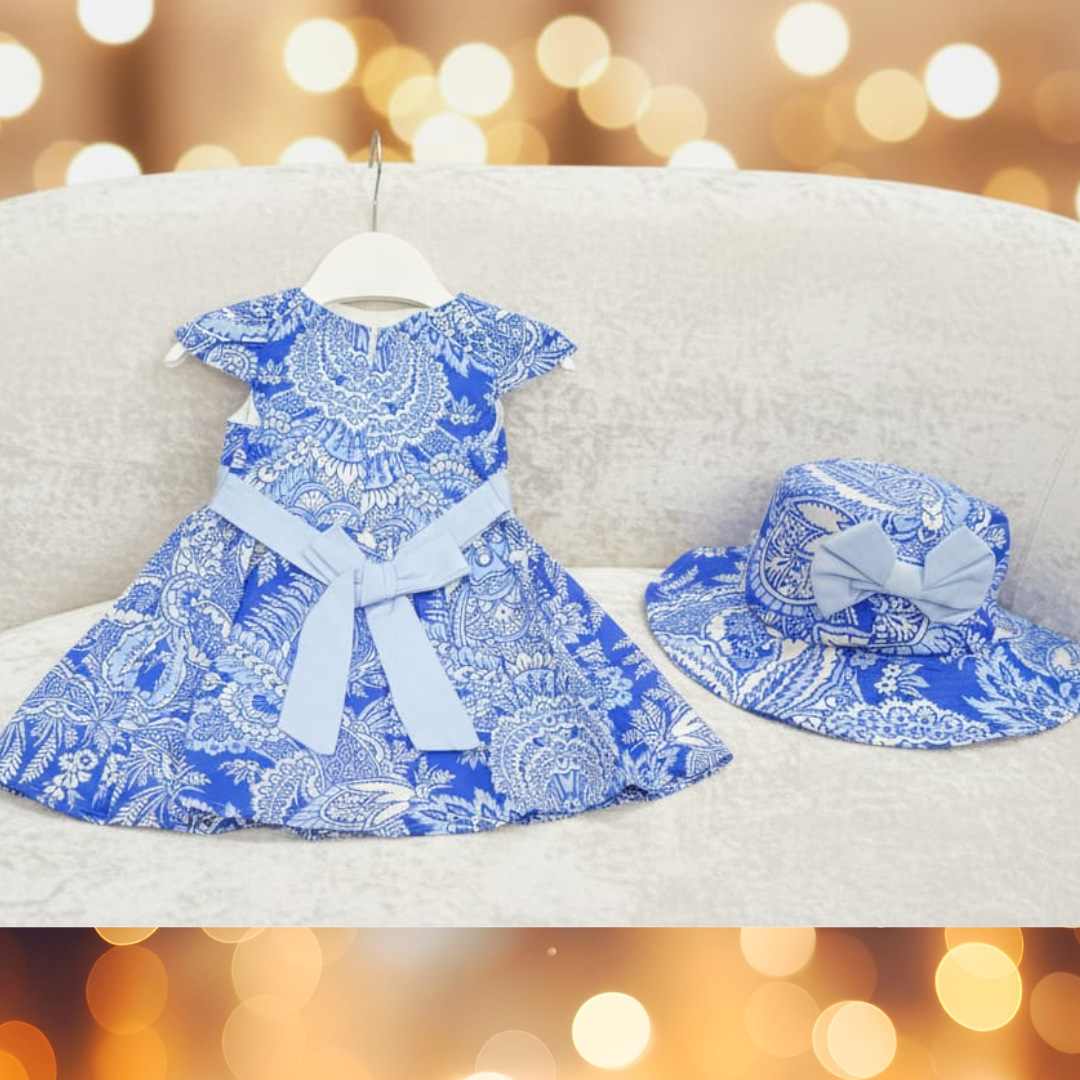 Little Diva Blue Paisely Summer Frock | Elegant Cotton Dress with Matching Sun Hat