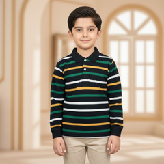 Boys Premium Polo Collar Striped Tee | Kids Full-Sleeve Cotton Rugby Style Shirt