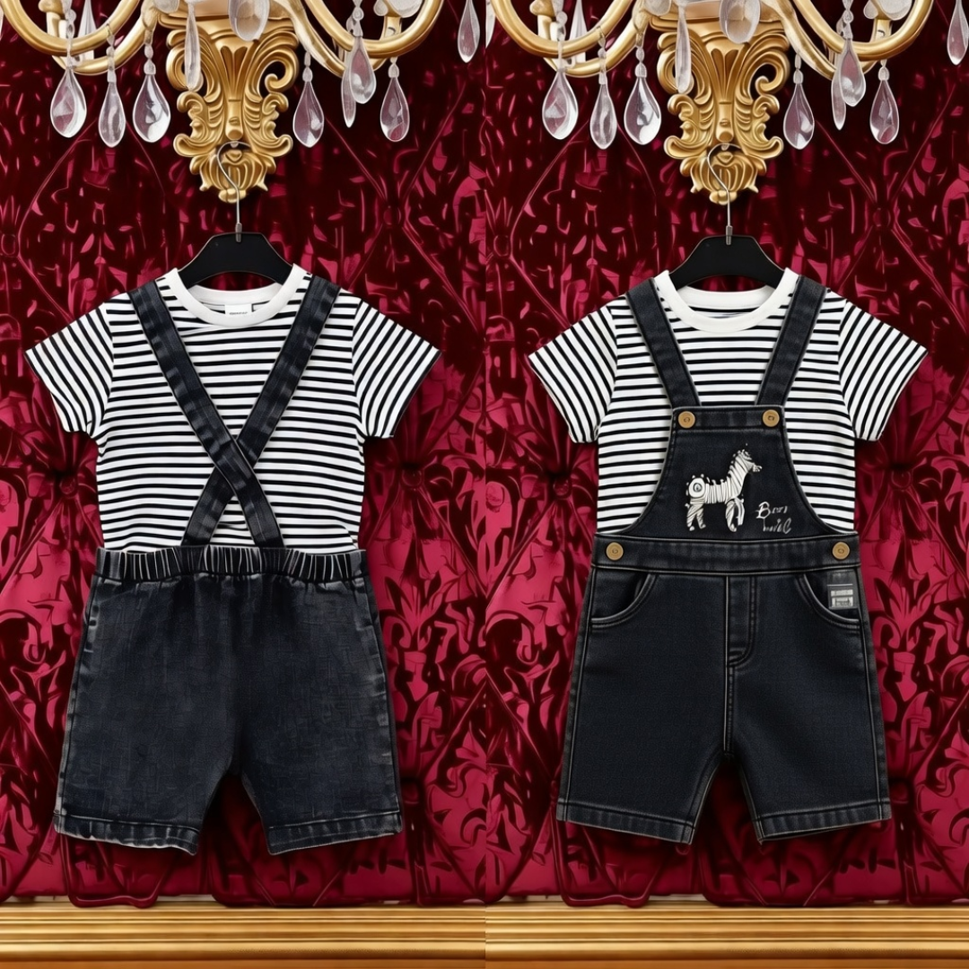 Boys' Premium Zebra Embroidered Denim Dungaree Set | Trendy 2-Piece Outfit