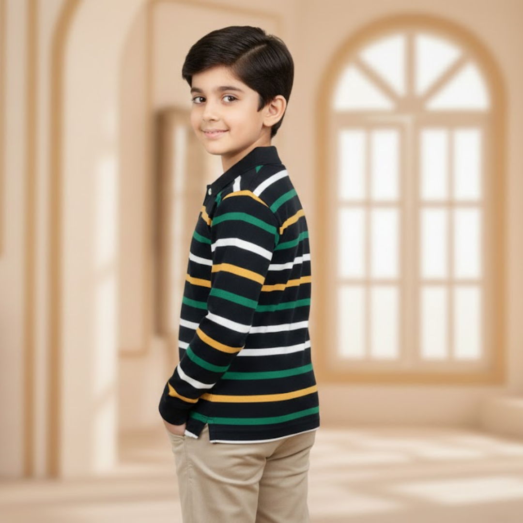 Boys Premium Polo Collar Striped Tee | Kids Full-Sleeve Cotton Rugby Style Shirt