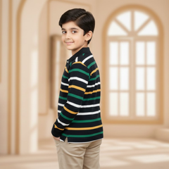 Boys Premium Polo Collar Striped Tee | Kids Full-Sleeve Cotton Rugby Style Shirt