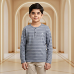 Boys Premium Henley Neck Striped Tee|Mid-Season Full-Sleeve Shirt