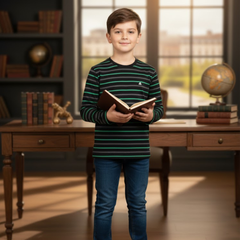 Boys Luxury Striped Full-Sleeve T-Shirt | Premium Mid-Season Cotton Tee (Ages 2-13)
