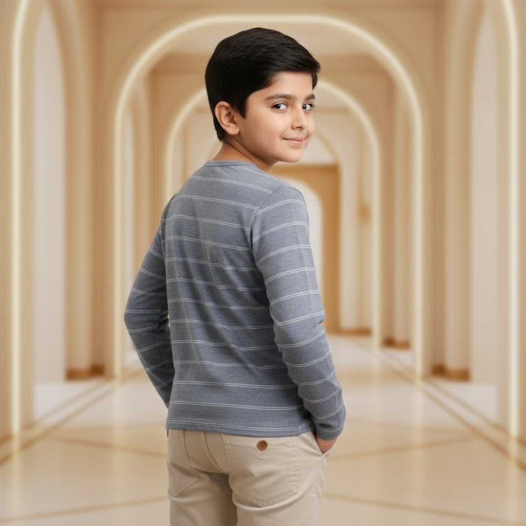 Boys Premium Henley Neck Striped Tee|Mid-Season Full-Sleeve Shirt