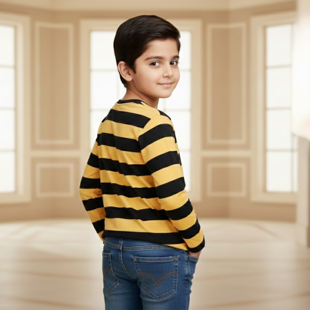 Boys Classic Crew Neck Striped Tee | Kids Premium Cotton Full-Sleeve Casual Shirt