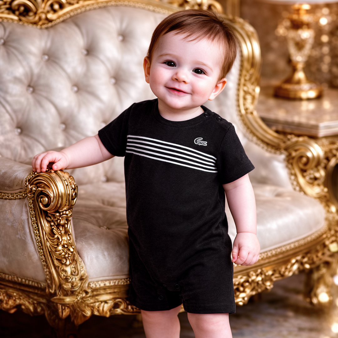 Boys' Boutique Luxury Polo Romper | Elegant Black & White Summer One-Piece