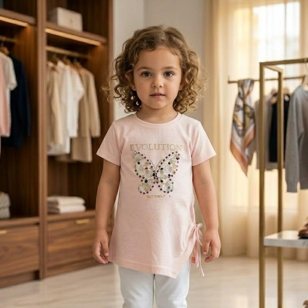 Little Diva "Evolution Butterfly" Graphic Tee | Elegant Pink Cotton Top with Side Tie