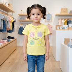 Little Diva "I Don't Care" Graphic Tee | Premium Yellow Cotton Top with 3D Florals
