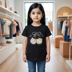 Little Diva "Sparkling Cherries" Graphic Tee | Premium Black Cotton Top with Sequin Detail