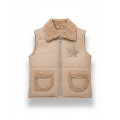 Luxury Girls' Faux-Suede Shearling Vest – Premium Tan Waistcoat with Crystal Star
