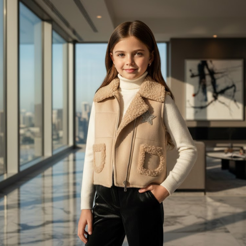Luxury Girls' Faux-Suede Shearling Vest – Premium Tan Waistcoat with Crystal Star